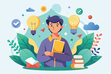Poster - a student stands thoughtfully holding a book, amidst colorful light bulbs and plants, showcasing cre
