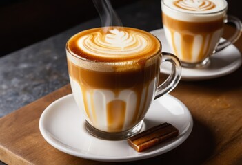 Canvas Print - Steam Rises from Two Delicious Caramel Latte Cups with Caramel Candy on Wooden Table