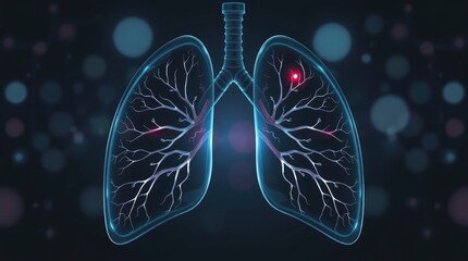 Wall Mural - Medical illustration, human lungs, digital art, neon blue outline, branching bronchial tubes, glowing