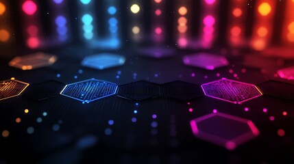 Wall Mural - a dark background with colorful hexagons and light