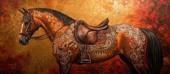 Poster - Ornate riding brocca with intricate gold and brown designs on a rich orange and red textured background showcasing artistic craftsmanship