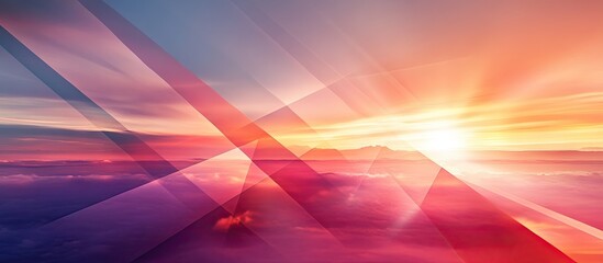 Poster - vibrant sunset with orange and pink hues radiating through abstract geometric shapes in the foregrou