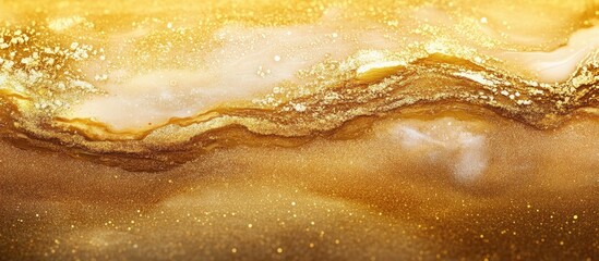 Poster - Luminous golden glitter background with flowing gold waves and soft white accents creating a stunning and artistic backdrop for creative projects
