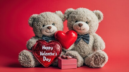 Happy valentine day Two teddy bears holding a single large red heart between them, placed on a soft red background. Beside them is a small heart-shaped chocolate box 