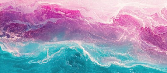 Poster - Aerial view of vibrant turquoise and pink waves in water showcasing an enchanting blend of colors and fluid textures across the surface.