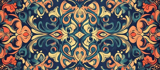 Poster - Intricate byzantine patterns in vibrant orange, teal, and navy blue, symmetrical design with swirling shapes, ideal for creative projects.