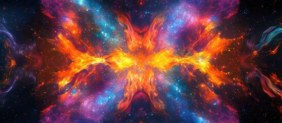 Poster - Vibrant cosmic explosion featuring hues of orange, blue, purple, and red, with swirling patterns converging at a central fiery core.