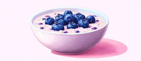 Poster - Blueberry overnight oats in a white bowl with a light pink background showcasing a vibrant plant-based breakfast with fresh blueberries on top.