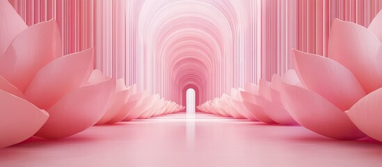 Fototapete - Abstract modern interior featuring a lotus pink corridor and flower shapes leading to a distant archway with soft pink lighting elements.