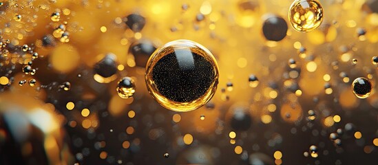Poster - 3d rendering of translucent glass spheres floating in a golden backdrop with swirling black olive oi