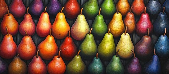 Poster - Vibrant assortment of colorful pears in shades of green, yellow, orange, red, and purple arranged neatly in rows for an appealing display.