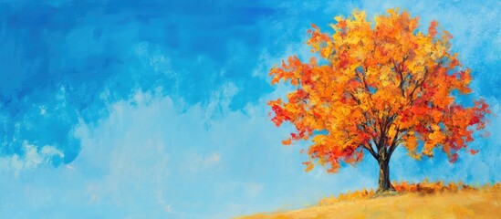 Poster - Vibrant autumn tree with orange and yellow leaves against a bright blue sky in an expansive landscape ideal for seasonal nature projects