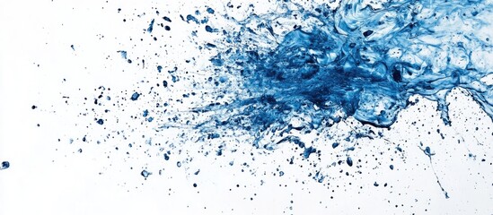 Poster - Dramatic abstract art with vibrant blue paint splashes on a bright white canvas showcasing dynamic textures and fluid motion in the composition