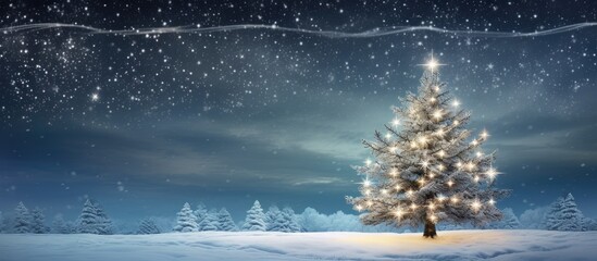 Aufkleber - Winter wonderland scene featuring a beautifully lit Christmas tree on the right, surrounded by snowy landscape and starry night sky in shades of blue.