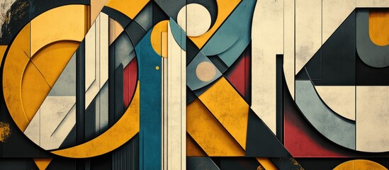 Poster - Geometric abstract art in warm tones of yellow, blue, and red featuring fragmented shapes and textures, creating a harmonious blend of modernity and vintage aesthetic.