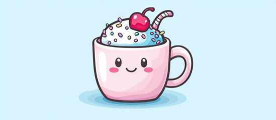 Poster - Kawaii style cute cartoon mug with light pink body white whipped cream multicolored sprinkles cherry and striped straw on soft blue background