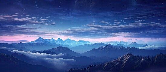 Poster - Serene night sky over majestic mountains with bright moon illuminating clouds and stars in shades of deep blue and purple at twilight.