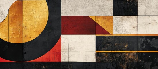 Leinwandbilder - Geometric abstract backdrop featuring a warm color palette with blacks, reds, and golds arranged in a striking modern composition