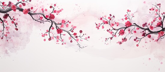 Poster - Delicate cherry blossom branches with pink flowers on a soft white textured background creating a serene and artistic backdrop design.