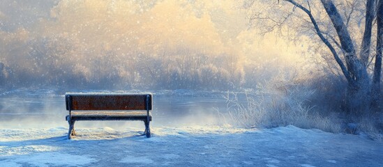 Poster - Solitary wooden bench on a frost-covered surface surrounded by soft winter hues of blue and pale gold evokes tranquility and winter stillness.
