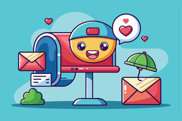 Poster - A cheerful cartoon mailbox character holds love-themed envelopes against a colorful background, radiating joy, Mail sent Customizable Cartoon Illustration