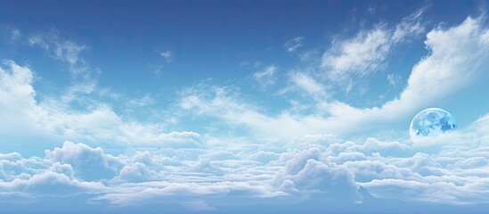 Poster - Lunar panorama featuring a bright full moon in the upper right against a serene blue sky with soft white clouds in the foreground.