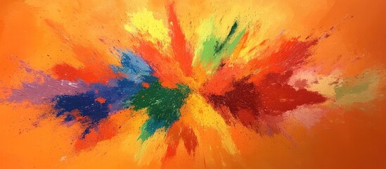 Aufkleber - Colorful powder explosion on striking orange background showcasing dynamic hues of red, blue, green, yellow, and vibrant energy in a symmetrical spread.