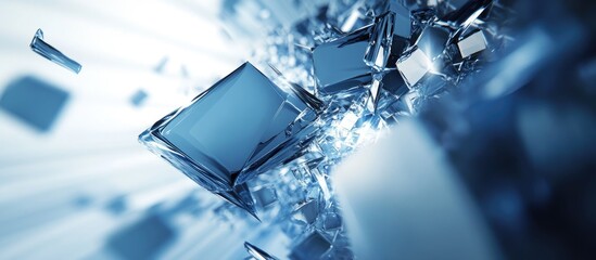 Aufkleber - Dynamic blue and white 3D abstract composition with transparent cube formations and light reflections in a captivating visual perspective.