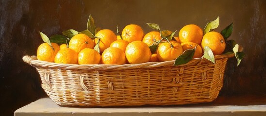 Poster - Basket filled with vibrant yellow ripe tangerines arranged beautifully with green leaves against a dark background showcasing freshness and allure