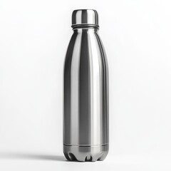 Sleek silver stainless steel water bottle isolated on white background. (2)