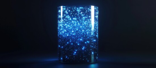 Poster - Abstract glowing cylindrical object with blue light leaks and shimmering particles against a dark background creating a sense of depth and dimension