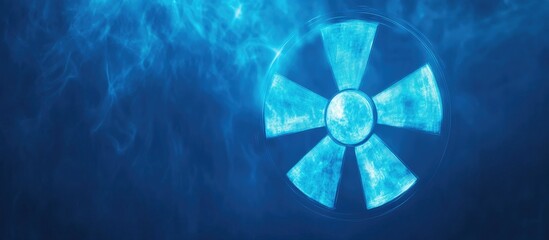 Poster - Radiation symbol in cyan blue against a bright blue smoky background creating a striking visual contrast and a modern aesthetic appeal