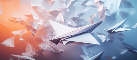 Poster - Paper planes artfully fragmented in light blue and orange hues, showcasing intricate designs and structures amidst a dynamic aerial scene.