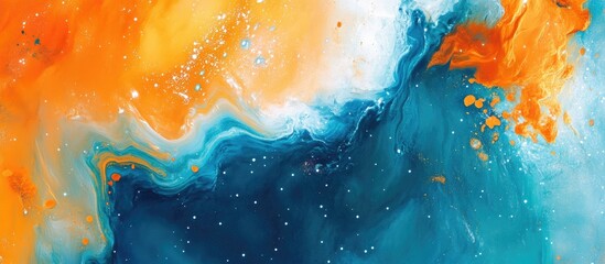 Poster - Vibrant abstract galaxy scene blending vivid orange and electric blue hues with swirling patterns and star-like specks on a dark cosmic background