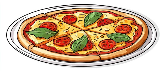 Poster - Freshly baked pizza on a white plate with vibrant red tomatoes and green basil leaves, creating an appetizing dinner scene.