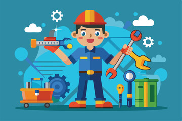 Aufkleber - A cartoon mechanic smiles while holding a wrench and a tool, surrounded by various maintenance tools and equipment, Maintenance Customizable Cartoon Illustration