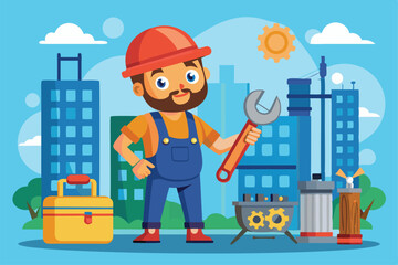 Poster - A cheerful cartoon character in overalls holds a wrench, surrounded by tools and buildings in the city, Maintenance Customizable Cartoon Illustration