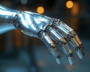 Poster - Close-up of a metallic robotic hand, fingers slightly open, in a blurred industrial background.