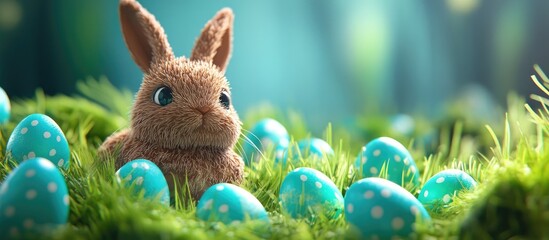 Poster - Chocolate bunny in vibrant green grass, surrounded by bright teal eggs, capturing the joy of Easter with a lively, cheerful atmosphere.