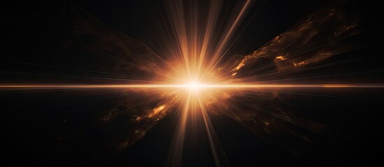 Fototapete - Golden sun flare radiating from center against a deep black backdrop with sharp light rays extending outward, creating an ethereal effect.