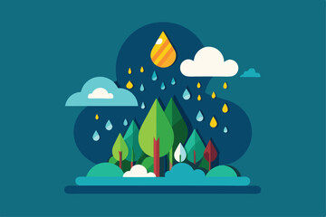Poster - A colorful depiction of raindrops falling among various stylized trees under playful clouds, Make it rain Customizable Semi Flat Illustration