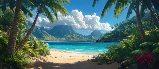 Poster - Tropical beach scene featuring a sandy pathway bordered by green palm trees leading to vibrant cyan waters and distant green mountains under a blue sky.