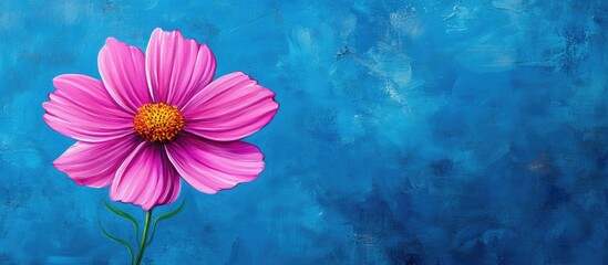 Poster - Pink cosmos bipinnatus flower prominently positioned on the right side, against a textured blue background, highlighting floral beauty and contrast.