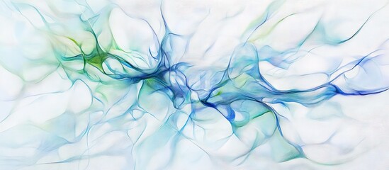 Poster - Vibrant abstract art depicting a dynamic white neural network with flowing blue and green hues on a soft white background conveying creativity.