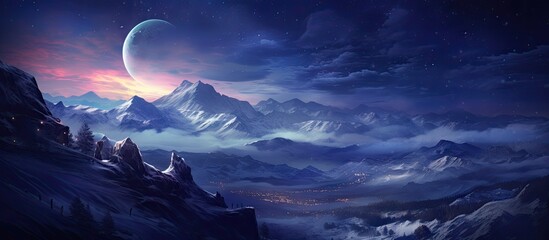 Poster - Serene nocturnal landscape showcasing distant snowy mountains under a crescent moon with a gradient sky transitioning from deep blue to soft pink.