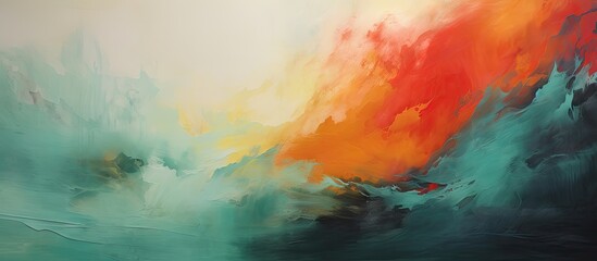 Poster - Dynamic abstract oil painting featuring vibrant red, orange, and shades of grey with soft blended tones against a light background.