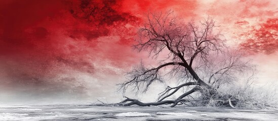 Poster - Barren tree limbs extend from snowy ground under a vivid red ombre sky showcasing nature's fragility and isolation in a stark desolate landscape.