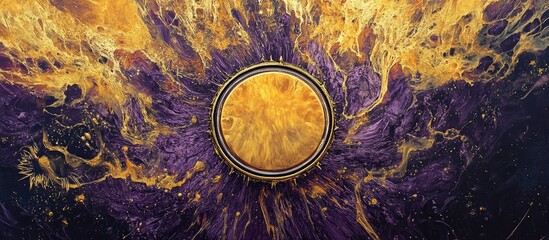 Aufkleber - Abstract explosion of vibrant yellow and purple colors radiating from a central golden circle, set against a dark background, conveying energy.