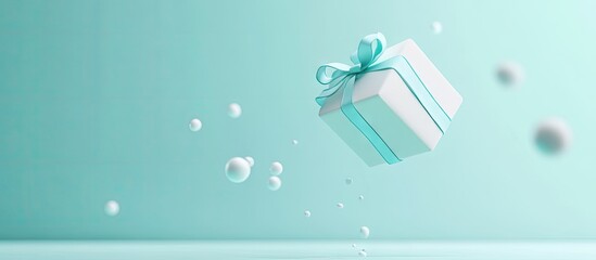 Poster - Joyful photorealistic gift box with turquoise ribbon floating against a light aqua background with soft bubbles and rounded blurred edges.