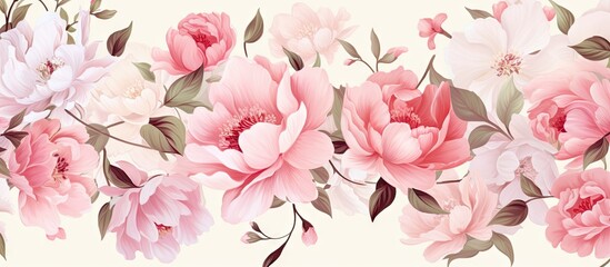 Poster - Delicate floral design featuring gentle pink roses and white peonies surrounded by soft green leaves against a light pastel background.